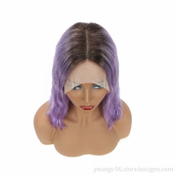 Wholesale 1b/Purple Wig Mink Malaysian Human Virgin Wavy Hair Ombre Color Transparent HD Invisible Lace Frontal Short Bob Wig